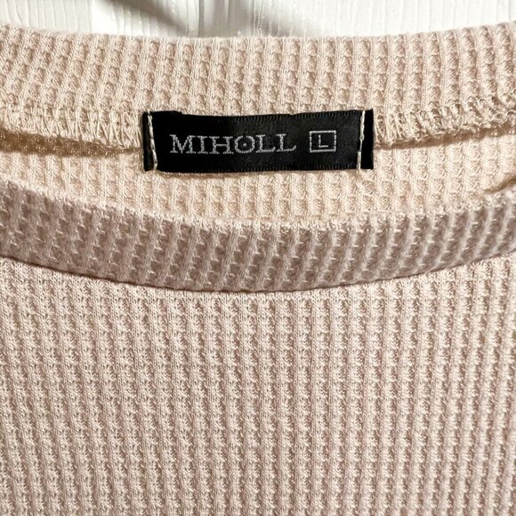 MIHOLL Large Solid Cream Sheer Pompom Balloon Sleeves Waffle Knit Shirt - Picture 2 of 4